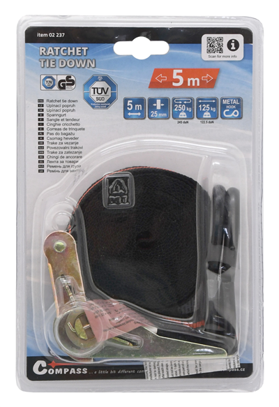 02237 Popruh s ráčnou a háky 5m TÜV/GS