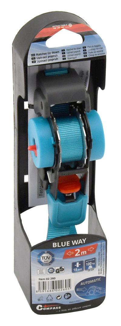 02260 Popruh s ráčnou a háky samonavíjecí 100daN 2m TÜV BLUE WAY