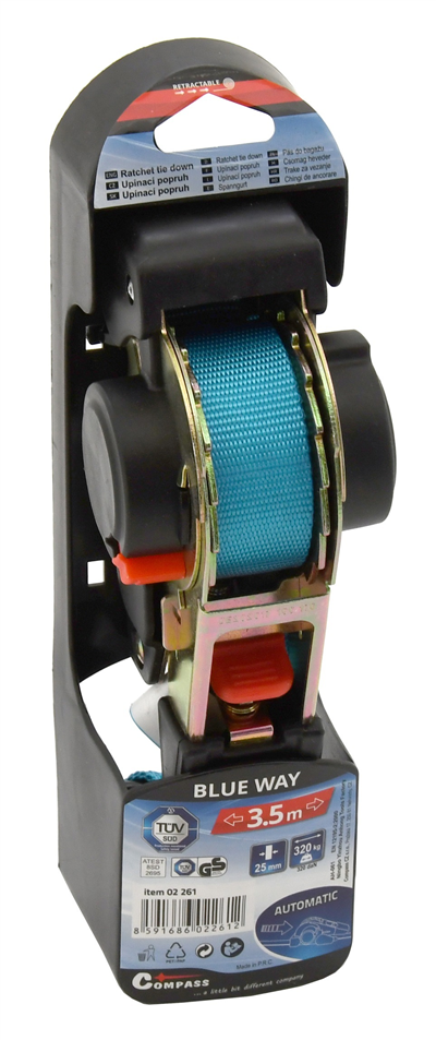 02261 Popruh s ráčnou a háky samonavíjecí 320daN 3,5m TÜV BLUE WAY