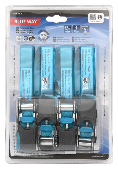 02267 Popruh s ráčnou a háky 3,5m 4ks TÜV BLUE WAY