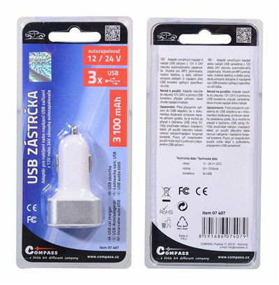 07407 Zástrčka 3xUSB 12-24V 5V/3100mA