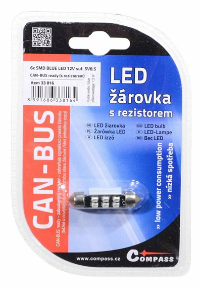 33816 Žárovka 6 SMD LED 12V suf. SV8.5 38mm s rezistorem CAN-BUS modrá