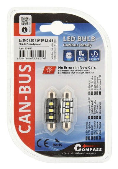 33827 Žárovka 3 LED SMD 12V suf.11X38 SV8.5 NEW-CAN-BUS bílá 2ks