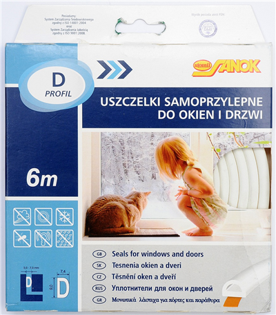 Těsnění do oken a dveří samolepící 9x7,4mm TYP D bílé 6M