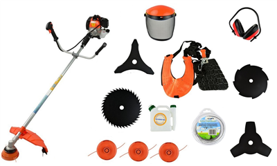 Motorová kosa - křovinořez 3,0 kW, benzinový, kotouče, nože, maska, struny