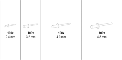 Nýt hliníkový sada 400ks (2,4, 3,2, 4,0, 4,8mm)