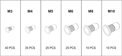 Sada ocelových nýtovacích matic M3-M10 150 ks