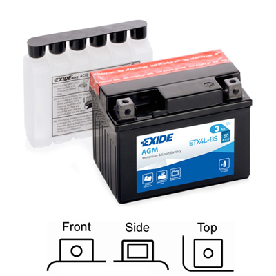 ETX4L-BS motobaterie EXIDE AGM suchá, přednabitá 12V 3Ah 50A 113x70x85