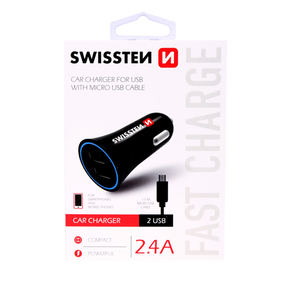 Zástrčka SWISSTEN s 2x USB výstupem 2,4 A, 12/24V s kabelem microUSB, 44056