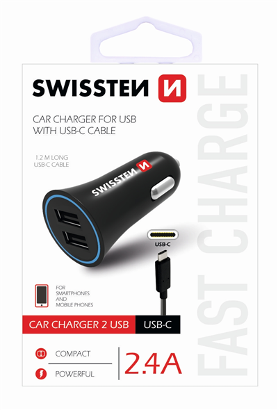 Zástrčka SWISSTEN s 2x USB výstupem 2,4 A, 12/24V s kabelem USB-C, 45349