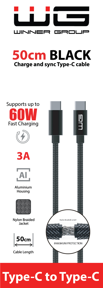 Datový kabel type-C_type-C, 3 A, černý, 50 cm