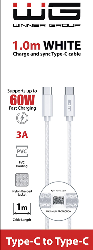 Datový kabel type-C_type-C, 3 A, bílý, 100 cm