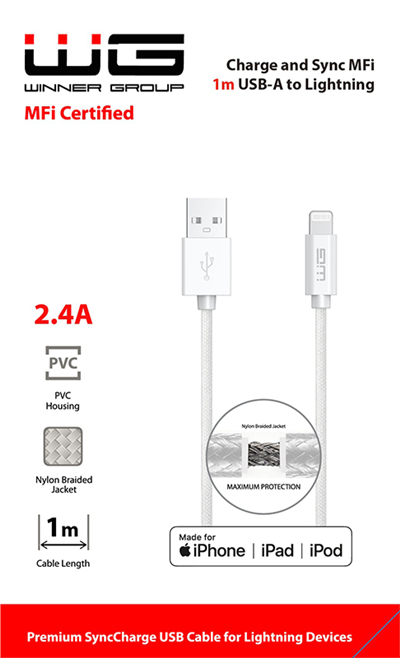 Datový kabel USB-A_Lightning MFI, 2,4 A, bílý, 100 cm