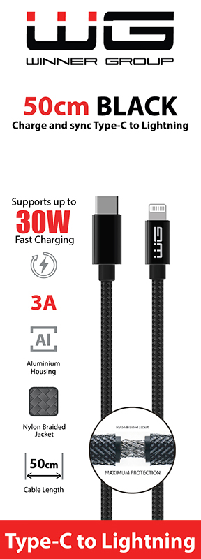 Datový kabel type-C_Lightning, 3 A, černý, 50 cm