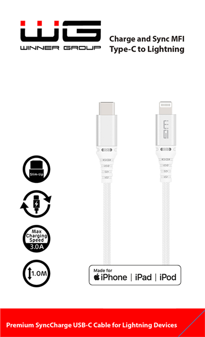 Datový kabel type-C_Lightning MFI, 3 A, bílý, 100 cm