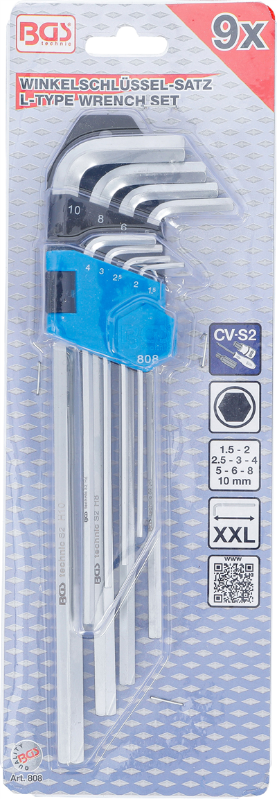 BGS 808, Sada zahnutých klíčů velmi dlouhé vnitřní šestihran 1,5 - 10 mm 9dílná