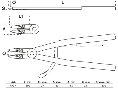 BGS 6737, Kleště na rozpěrné kroužky rovné pro vnitřní rozpěrné kroužky 500 mm