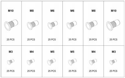 Ocelové a hliníkové nýtovací matice, sada 300 ks TA4093