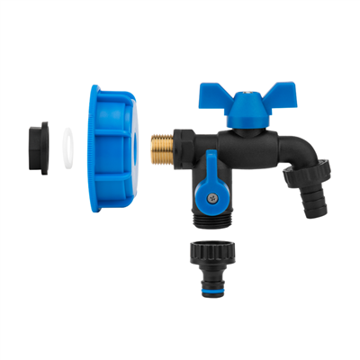 Sada pro kontejner na vodu IBC, uzávěr S60x6 s otvorem 1/2", kohoutek 1/2" s výstupem 2x3/4", hadičník 5/8"