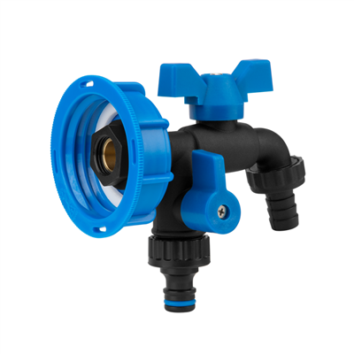 Sada pro kontejner na vodu IBC, uzávěr S60x6 s otvorem 1/2", kohoutek 1/2" s výstupem 2x3/4", hadičník 5/8"