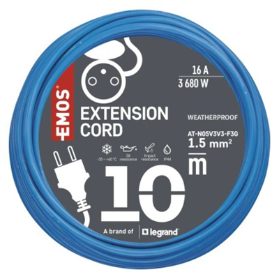 Počasí odolný prodlužovací kabel 10 m / 1 zásuvka / modrý / silikon / 230 V / 1,5 mm2