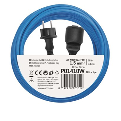 Počasí odolný prodlužovací kabel 10 m / 1 zásuvka / modrý / silikon / 230 V / 1,5 mm2