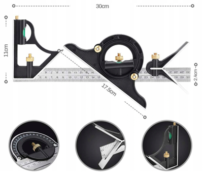 Hliníkový multifunkční úhelník s vodováhou, 300 mm, V07370