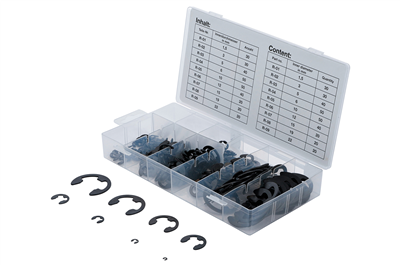 Pojistné kroužky třmenové („E-kroužek“), velikosti 1,5 až 22 mm, sada 300 ks – BGS 8039