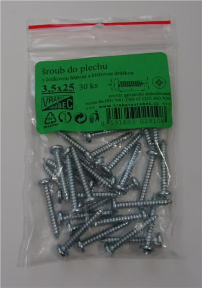 Šrouby do plechu křížové, s půlkulatou hlavou DIN 7981, pozinkované, Velikost 3.5x13 mm