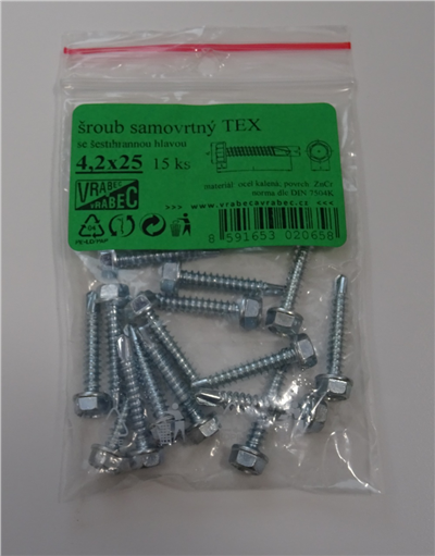 Šrouby samovývrtné TEX DIN 7504K, 6hranné, pozinkované, Velikost 4.2x25 mm
