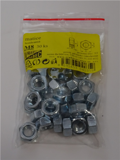 Matice 6hranné DIN 934 Zn, pozinkované, Velikost M4x0.7 mm