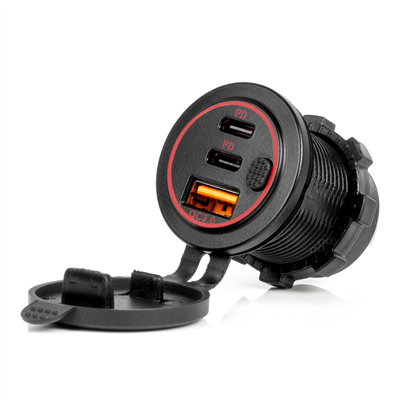 Vodotěsná nabíječka telefonu s vypínačem ČERVENÉ LED podsvícení USB + 2xUSB C QC3.0 12/24V AMiO-04227