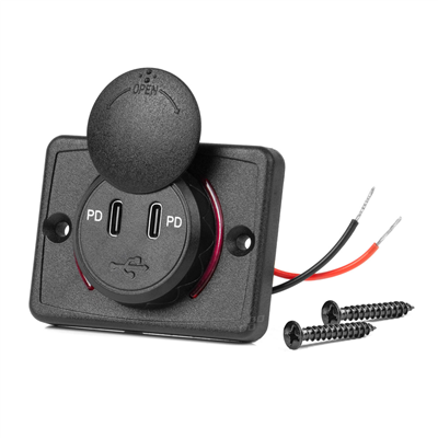 Vodotěsná nabíječka na telefon čtvercového tvaru s ČERVENÝM LED podsvícením 2xUSB C 12/24V AMiO-04232