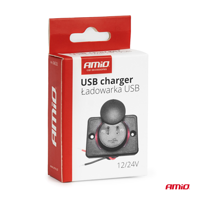 Vodotěsná nabíječka na telefon čtvercového tvaru s ČERVENÝM LED podsvícením 2xUSB C 12/24V AMiO-04232