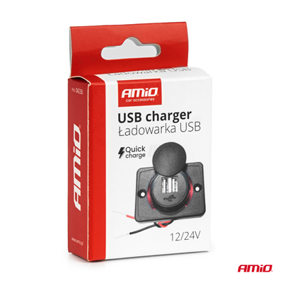 Vodotěsná nabíječka na telefon čtvercového tvaru s ČERVENÝM LED podsvícením 2xUSB 12/24V AMiO-04230