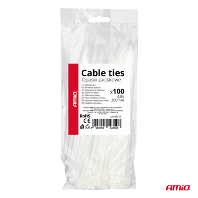 Plastové stahovací pásky, bílé 4,8x200mm 100ks AMiO-04310