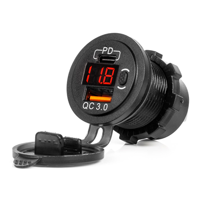 Vodotěsná nabíječka se spínačem, digitálním voltometrem ČERVENÝ LED indikátor USB + USB C QC3.0 12/24V AMiO-04222