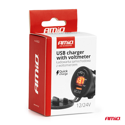 Vodotěsná nabíječka se spínačem, digitálním voltometrem ČERVENÝ LED indikátor USB + USB C QC3.0 12/24V AMiO-04222