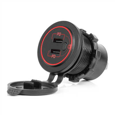 Vodotěsná nabíječka s vypínačem ČERVENÉ LED podsvícení 2xUSB C 12/24V AMiO-04224