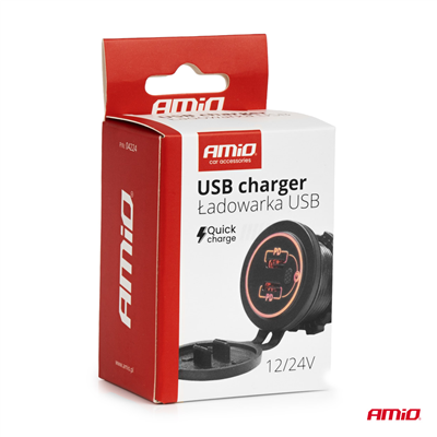 Vodotěsná nabíječka s vypínačem ČERVENÉ LED podsvícení 2xUSB C 12/24V AMiO-04224