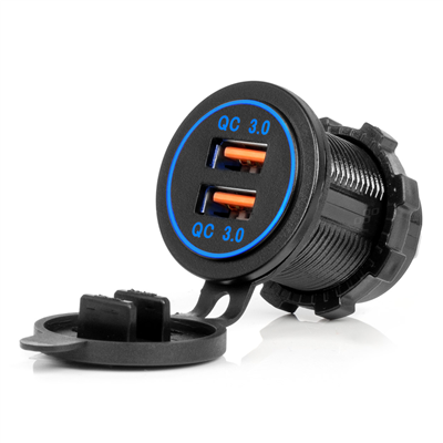 Vodotěsná nabíječka s MODRÝM LED podsvícením 2xUSB QC3.0 12/24V AMiO-04218
