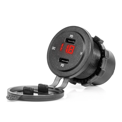 Vodotěsná nabíječka se spínačem, digitálním voltometrem ČERVENÝ LED indikátor USB + USB C QC3.0 12/24V AMiO-04225