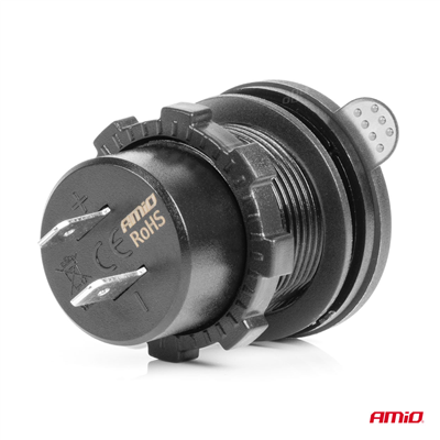 Vodotěsná nabíječka se spínačem, digitálním voltometrem ČERVENÝ LED indikátor USB + USB C QC3.0 12/24V AMiO-04225