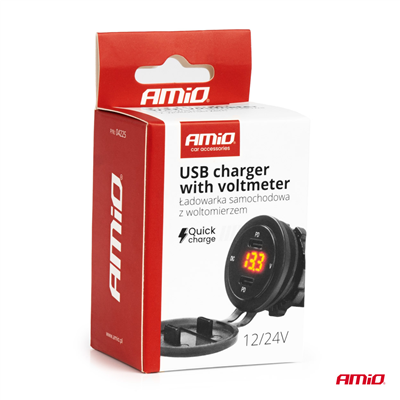 Vodotěsná nabíječka se spínačem, digitálním voltometrem ČERVENÝ LED indikátor USB + USB C QC3.0 12/24V AMiO-04225