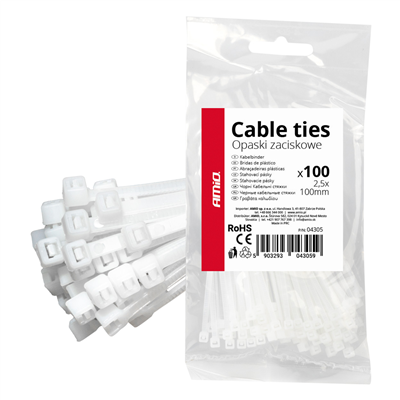 Bílé stahovací pásky 2,5 x 100 mm 100 ks. AMIO-04305
