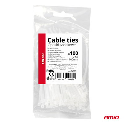 Bílé stahovací pásky 2,5 x 100 mm 100 ks. AMIO-04305