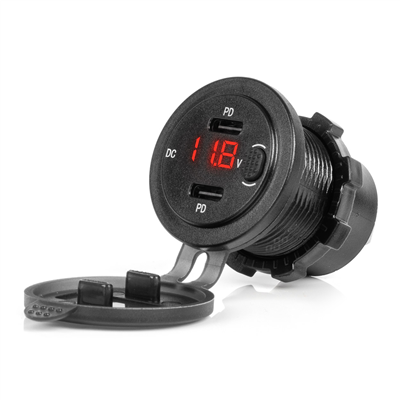 Vodotěsná nabíječka telefonu s vypínačem ČERVENÝ LED indikátor Digitální voltometr 2xUSB C 12/24V AMIO-04226