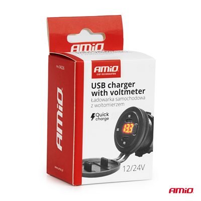 Vodotěsná nabíječka telefonu s vypínačem ČERVENÝ LED indikátor Digitální voltometr 2xUSB C 12/24V AMIO-04226