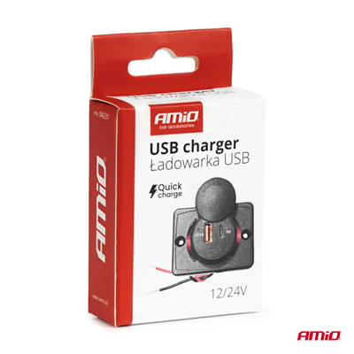 Vodotěsná nabíječka na telefon čtvercového tvaru s ČERVENÝM LED podsvícením USB + USB C QC3.0 12/24V