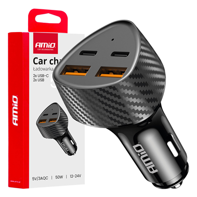 Nabíječka do auta 50W 2xUSB-A + 2xUSB-C AMiO-04284